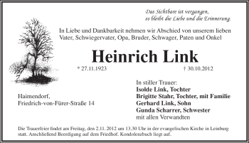 Traueranzeige von Heinrich Link von Pegnitz-Zeitung